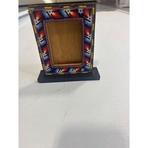 Handmade Beaded Wood Picture Frame Geometric Folk Art Multi Color Small 4x3.5